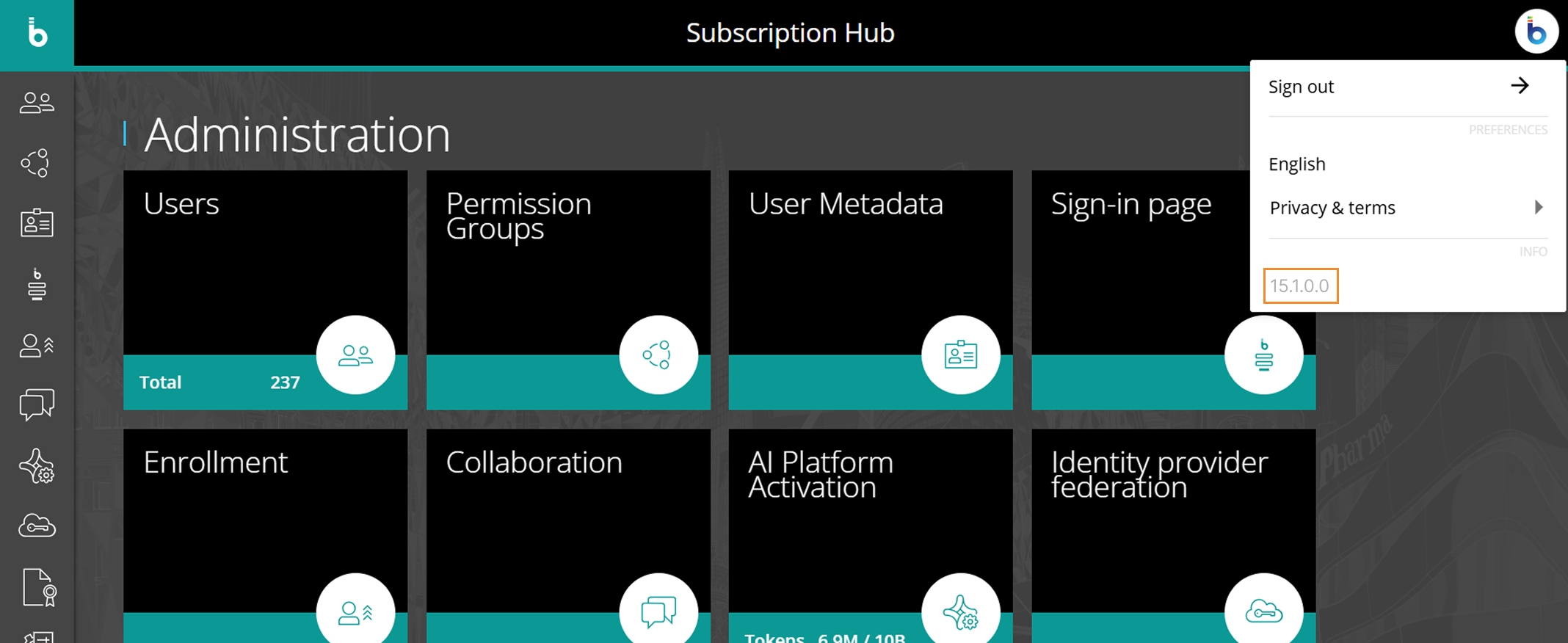 Administration dashboard displaying user statistics and various management options.